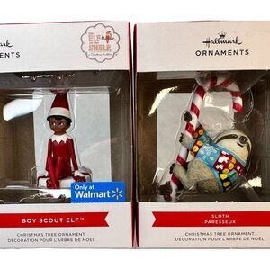 Hallmark Boy‎ Scout Elf On The Shelf & Sloth Christmas Tree Ornaments Set 2 NEW